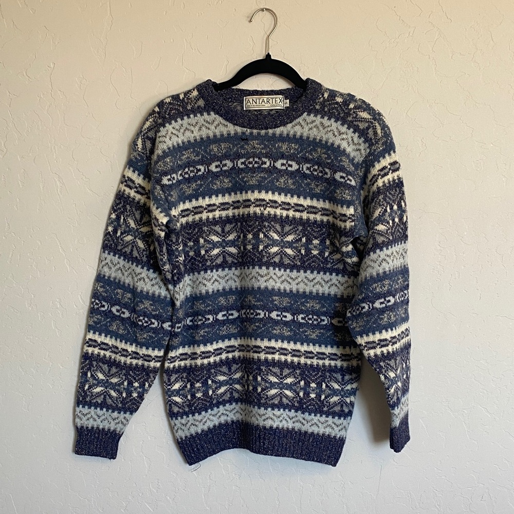 Vintage Antartex Country Wool Men's Sweater with Blue & Cream Pattern